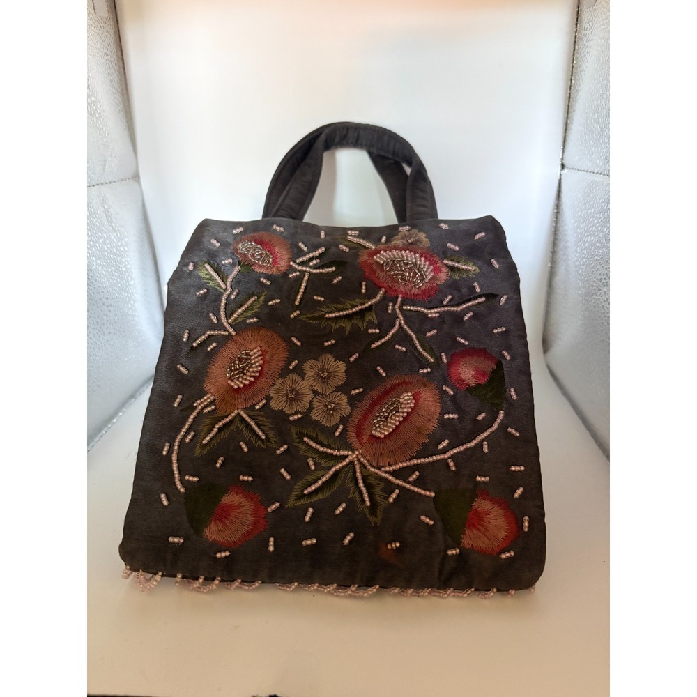 Vintage Frankie & Johnne Gray Beaded and Embroidered Floral Handbag
